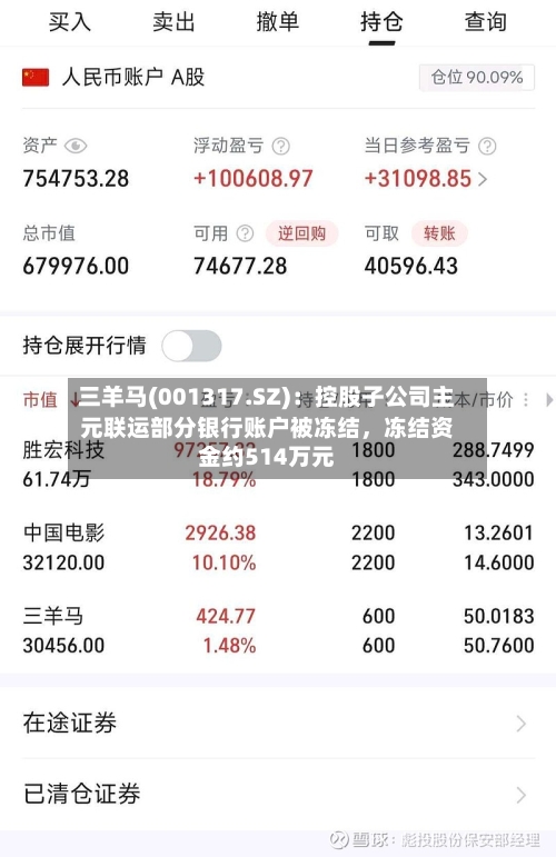 三羊马(001317.SZ):控股子公司主元联运部分银行账户被冻结,冻结资金约514万元